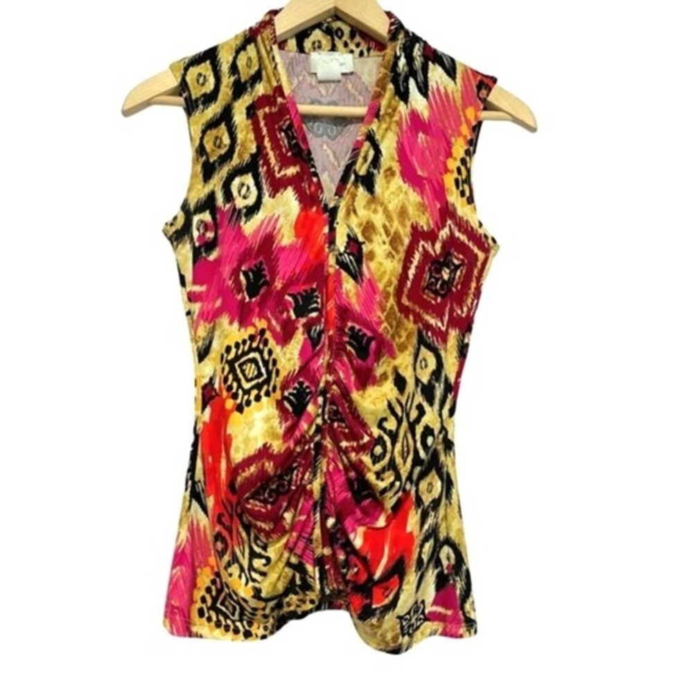 Jon Den Top Sleeveless Top Made In USA Ruched Front Womens S Mixed Print Artsy